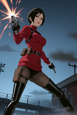 score_9,score_8_up,score_7_up,source_resident_evil_4,ada wong,solo, (burgundy_sweater,thigh boots,black pantyhose,holster,harness,black gloves,one handgun),serious,action shot,gunshot,dynamic_pose,action_pose,inside,horror_themed,dark,night,fog,viewed_from_side,low-angle_shot,official anime screenshot,official anime screencap,source_anime,dcaustyle