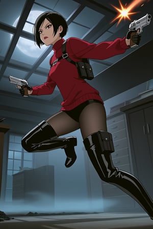 score_9,score_8_up,score_7_up,source_resident_evil_4,ada wong,solo, (burgundy_sweater,thigh boots,black pantyhose,holster,harness,black gloves,one handgun),serious,action shot,gunshot,dynamic_pose,action_pose,indoors,office,horror_themed,dark,night,fog,viewed_from_side,low-angle_shot,official anime screenshot,official anime screencap,source_anime,dcaustyle