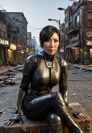 ((((Fallout_4_style)))), 24yo chinese girl Li Bingbing, with BLACK asymmetrical blunt bobcut, (black eyeshadow), wearing (chinese stealth suit), sitting in apocalyptic ((wastecity)), smirk, hypnosis gaze, nighttime, haze, perfect composition, epic, rtx on, UHD, 32K, photorealistic, ((natural realistic skin tone and texture)). Fallout_4_logo,