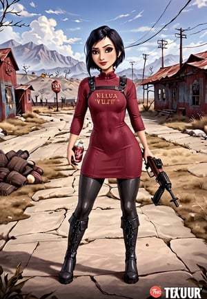 ((((Fallout_4_style)))), 24yo Ada Wong with BLACK asymmetrical blunt bobcut and (black eyeshadow), wearing (burgundy turtleneck sweater dress) with ((black_harness)), ((((black nylon pantyhose)))) under, (((long Black leather thighhigh boots))), Holding , Assault Rifle, in apocalyptic ((wastecity)), Nuka_Cola_Bottle, Vault Tec, smile, hypnosis gaze, haze, perfect composition, epic, rtx on, UHD, 32K, photorealistic, ((natural realistic skin tone and texture)). Fallout_4_logo,disney pixar style,fallout,score_9