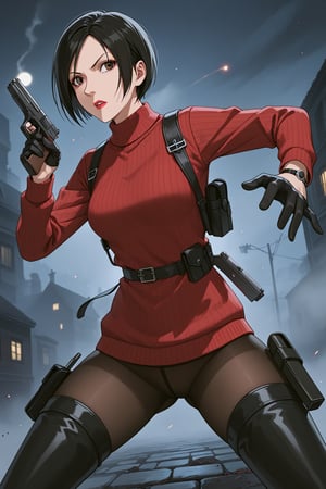 score_9, score_8_up, score_7_up, source_resident_evil_4,1girl,solo, ada wong, (burgundy sweater, thigh boots, black pantyhose, sunglasses,holster, black gloves,handgun), action_pose,dynamic_pose, horror themed, dark,night,fog