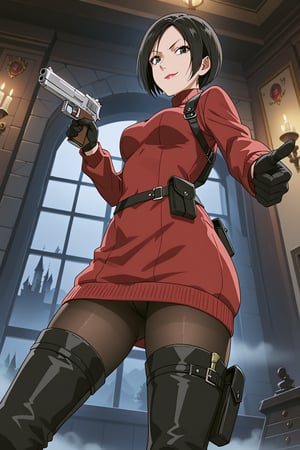 score_9,score_8_up,score_7_up,soutce_resident_evil_4,ada wong,solo, (burgundy_sweater,thigh boots,black pantyhose,holster,harness,black gloves,one handgun),smug,pointing handgun,action, action_pose,inside_castle,horror_themed,dark,night,fog,viewed_from_side,low-angle_shot,official anime screenshot,official anime screencap,source_anime