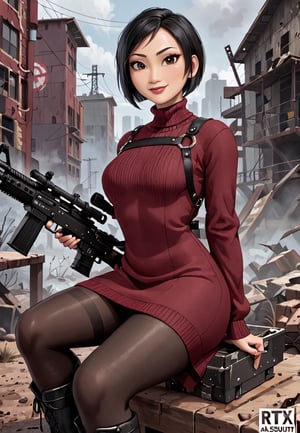 ((((Fallout_4_style)))), 24yo Ada Wong with BLACK asymmetrical blunt bobcut and (black eyeshadow), wearing (burgundy turtleneck sweater dress) with ((black_harness)), ((((black nylon pantyhose)))) under, (((long Black leather thighhigh boots))), she holds a (((Assault Rifle))), sitting in apocalyptic ((wastecity)), smirk, hypnosis gaze, nighttime, haze, perfect composition, epic, rtx on, UHD, 32K, photorealistic, ((natural realistic skin tone and texture)). Fallout_4_logo,disney pixar style