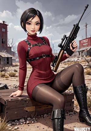 ((((Fallout_4_style)))), 24yo Ada Wong with BLACK asymmetrical blunt bobcut and (black eyeshadow), wearing (burgundy turtleneck sweater dress) with ((black_harness)), ((((black nylon pantyhose)))) under, (((long Black leather thighhigh boots))), she holds a (((Assault Rifle))), sitting in apocalyptic ((wastecity)), smirk, hypnosis gaze, nighttime, haze, perfect composition, epic, rtx on, UHD, 32K, photorealistic, ((natural realistic skin tone and texture)). Fallout_4_logo,disney pixar style