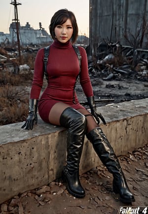 ((((Fallout_4_style)))), 24yo chinese girl, with BLACK asymmetrical blunt bobcut, (black eyeshadow), wearing (burgundy turtleneck sweater dress) with ((black_harness)), ((((black nylon pantyhose)))) under, (((long Black leather thighhigh boots))), she holds a (((Assault Rifle))), sitting in apocalyptic ((wastecity)), smirk, hypnosis gaze, nighttime, haze, perfect composition, epic, rtx on, UHD, 32K, photorealistic, ((natural realistic skin tone and texture)). Fallout_4_logo