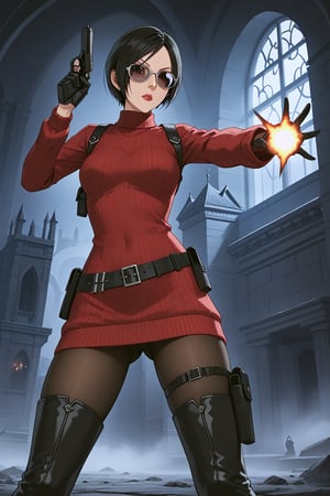 score_9, score_8_up, score_7_up, source_resident_evil_4,1girl,solo, ada wong, (burgundy sweater, thigh boots, black pantyhose, sunglasses,holster, black gloves,handgun),inside castle, action_pose, horror themed, dark,night,fog