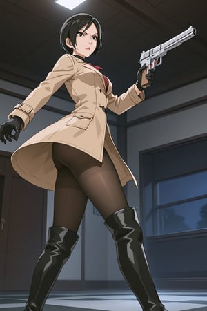 score_9,score_8_up,score_7_up,source_resident_evil_2,ada wong,solo, (brown trenchcoat,thigh boots,black pantyhose,black gloves,sunglasses,one handgun),serious,action shot,gunshot,dynamic_pose,action_pose,indoors,office,horror_themed,dark,night,dark atmosphere,spooky,viewed_from_side,low-angle_shot,official anime screenshot,official anime screencap,source_anime