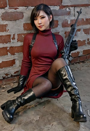 ((((Fallout_4_style)))), 24yo chinese girl, with BLACK asymmetrical blunt bobcut, (black eyeshadow), wearing (burgundy turtleneck sweater dress) with ((black_harness)), ((((black nylon pantyhose)))) under, (((long Black leather thighhigh boots))), she holds a (((Assault Rifle))), sitting in apocalyptic ((wastecity)), smirk, hypnosis gaze, nighttime, haze, perfect composition, epic, rtx on, UHD, 32K, photorealistic, ((natural realistic skin tone and texture)). Fallout_4_logo