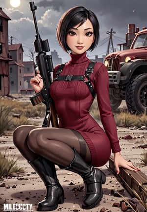 ((((Fallout_4_style)))), 24yo Ada Wong with BLACK asymmetrical blunt bobcut and (black eyeshadow), wearing (burgundy turtleneck sweater dress) with ((black_harness)), ((((black nylon pantyhose)))) under, (((long Black leather thighhigh boots))), she holds a (((Assault Rifle))), sitting in apocalyptic ((wastecity)), smirk, hypnosis gaze, nighttime, haze, perfect composition, epic, rtx on, UHD, 32K, photorealistic, ((natural realistic skin tone and texture)). Fallout_4_logo,disney pixar style