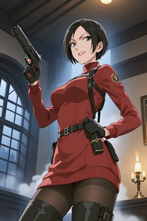 score_9,score_8_up,score_7_up,soutce_resident_evil_4,ada wong,solo, (burgundy_sweater,thigh boots,black pantyhose,holster,harness,black gloves,one handgun),smug,pointing handgun,action, action_pose,inside_castle,horror_themed,dark,night,fog,viewed_from_side,low-angle_shot,official anime screenshot,official anime screencap,source_anime