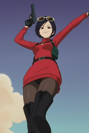 score_9,score_8_up,score_7_up,ada wong,solo, (burgundy sweater,thigh boots,black pantyhose,holster,harness,black gloves,sunglasses on head,handgun,aiming,smug,viewed_from_below,official anime screenshot,official anime screencap,source_anime,drgbls1