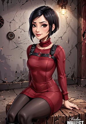 ((((Fallout_4_style)))), 24yo Ada Wong with BLACK asymmetrical blunt bobcut and (black eyeshadow), wearing (burgundy turtleneck sweater dress) with ((black_harness)), ((((black nylon pantyhose)))) under, (((long Black leather thighhigh boots))), sitting in apocalyptic ((wastecity)), smirk, hypnosis gaze, nighttime, haze, perfect composition, epic, rtx on, UHD, 32K, photorealistic, ((natural realistic skin tone and texture)). Fallout_4_logo,disney pixar style,fallout