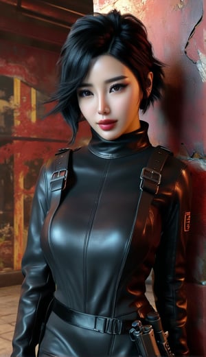 ((((Fallout_4_style)))), 24yo chinese girl Li Bingbing, with BLACK asymmetrical blunt bobcut, (black eyeshadow), wearing (burgundy turtleneck sweater dress) with ((black_harness)), ((((black nylon pantyhose)))) under, (((long Black leather thighhigh boots))), backpack, she holds a (((Assault Rifle))), in apocalyptic ((wastecity)), smirk, Fallout_4_logo, chromepunk, ferrania p30, victor nizovtsev, animated illustrations, daz3d, exotic realism, tattoo-inspired, vibrant manga