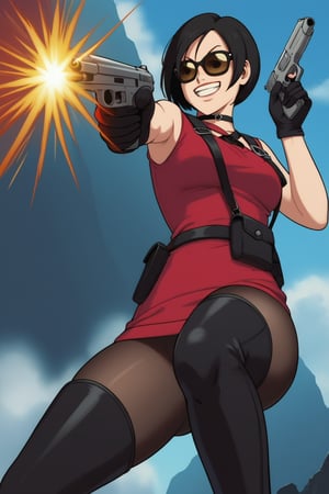 score_9,score_8_up,score_7_up,ada wong,solo, (burgundy sweater,thigh boots,black pantyhose,holster,harness,black gloves,sunglasses,handgun,, aiming, grin,action shot,gunshot,dynamic_pose,action_pose,viewed_from_below,source_cartoon,source_anime,drgbls1