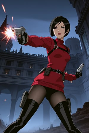 score_9,score_8_up,score_7_up,source_resident_evil_4,ada wong,solo, (burgundy_sweater,thigh boots,black pantyhose,holster,harness,black gloves,one handgun),serious,action shot,gunshot,dynamic_pose,action_pose,inside_castle,horror_themed,dark,night,fog,viewed_from_side,low-angle_shot,official anime screenshot,official anime screencap,source_anime,dcaustyle