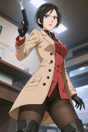 score_9,score_8_up,score_7_up,source_resident_evil_2,ada wong,solo, (brown trenchcoat,thigh boots,black pantyhose,black gloves,sunglasses,one handgun),serious,action shot,gunshot,dynamic_pose,action_pose,indoors,office,horror_themed,dark,night,dark atmosphere,spooky,viewed_from_side,low-angle_shot,official anime screenshot,official anime screencap,source_anime