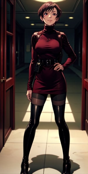 Thigh up, EPBlackLagoonStyle, Solo, Ada Wong with short hair, wearing a ((burgundy Turtleneck sweater dress)), (((black Pantyhose))), (((Long black leather thighhigh Boots))), (Holster, harness), smile, dark atmosphere, Horror themed, midnight, inside Police station