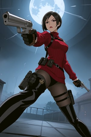 score_9,score_8_up,score_7_up,source_resident_evil_4,ada wong,solo, (burgundy_sweater,thigh boots,black pantyhose,holster,harness,black gloves,one handgun),serious,action shot,gunshot,dynamic_pose,action_pose,indoors,horror_themed,dark,night,fog,viewed_from_side,low-angle_shot,official anime screenshot,official anime screencap,source_anime,dcaustyle