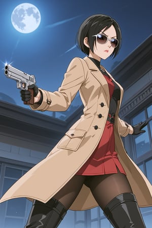 score_9,score_8_up,score_7_up,source_resident_evil_2,ada wong,solo, (brown trenchcoat,thigh boots,black pantyhose,black gloves,sunglasses,one handgun),serious,action shot,gunshot,dynamic_pose,action_pose,indoors,horror_themed,dark,night,dark atmosphere,spooky,viewed_from_side,low-angle_shot,official anime screenshot,official anime screencap,source_anime