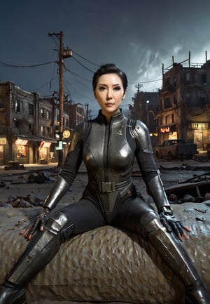 ((((Fallout_4_style)))), 24yo chinese girl Li Bingbing, with BLACK asymmetrical blunt bobcut, (black eyeshadow), wearing (chinese stealth suit), sitting in apocalyptic ((wastecity)), smirk, hypnosis gaze, nighttime, haze, perfect composition, epic, rtx on, UHD, 32K, photorealistic, ((natural realistic skin tone and texture)). Fallout_4_logo,