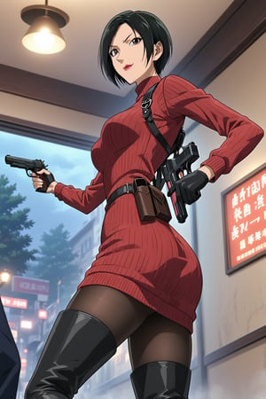 score_9,score_8_up,score_7_up,source_resident_evil_4,ada wong,solo, (burgundy_sweater,thigh boots,black pantyhose,holster,harness,black gloves,one handgun),smug,pointing handgun,presenting_foot,action, action_pose,inside,police_interior,horror_themed,dark,night,fog,viewed_from_side,low-angle_shot,official anime screenshot,official anime screencap,source_anime