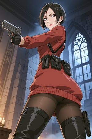 score_9,score_8_up,score_7_up,soutce_resident_evil_4,ada wong,solo, (burgundy_sweater,thigh boots,black pantyhose,holster,harness,black gloves,one handgun),smug,pointing handgun,action, action_pose,inside_castle,horror_themed,dark,night,fog,viewed_from_side,low-angle_shot,official anime screenshot,official anime screencap,source_anime