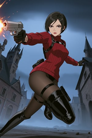 score_9,score_8_up,score_7_up,source_resident_evil_4,ada wong,solo, (burgundy_sweater,thigh boots,black pantyhose,holster,harness,black gloves,one handgun),serious,action shot,gunshot,dynamic_pose,action_pose,inside_castle,horror_themed,dark,night,fog,viewed_from_side,low-angle_shot,official anime screenshot,official anime screencap,source_anime,dcaustyle