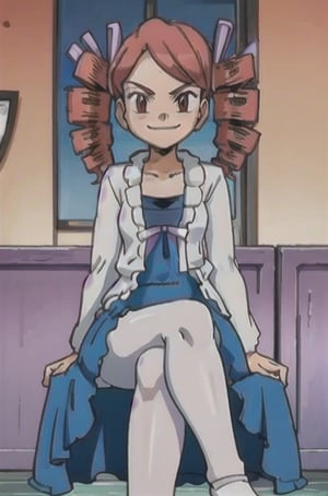 solo, 1girl, ursula_(pokemon), dress, blue dress, white pantyhose, white jacket, sitting, legs_crossed, looking_at_viewer, smirk