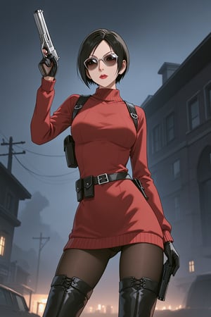 score_9, score_8_up, score_7_up, source_resident_evil_4,1girl,solo, ada wong, (burgundy sweater, thigh boots, black pantyhose, sunglasses,holster, black gloves,handgun), dynamic_pose, horror themed, dark,night,fog