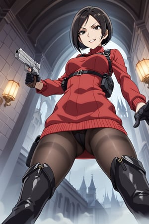 score_9,score_8_up,score_7_up,resident_evil_4,ada wong,solo, (burgundy_sweater,thigh boots,black pantyhose,holster,harness,black gloves,one handgun),smug,pointing handgun,action, action_pose,inside_castle,horror_themed,dark,night,fog,viewed_from_side,low-angle_shot,official anime screenshot,official anime screencap,source_anime