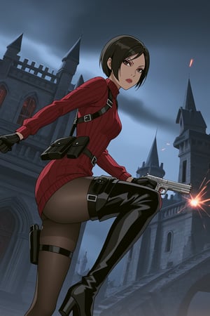 score_9,score_8_up,score_7_up,source_resident_evil_4,ada wong,solo, (burgundy_sweater,thigh boots,black pantyhose,holster,harness,black gloves,one handgun),serious,action shot,gunshot,dynamic_pose,action_pose,inside_castle,horror_themed,dark,night,fog,viewed_from_side,low-angle_shot,official anime screenshot,official anime screencap,source_anime,dcaustyle