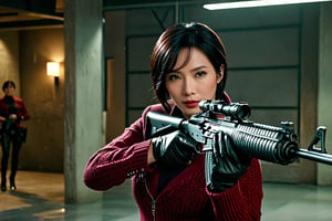 li bingbing as ada wong with brown eyes, short hair, black hair, sunglasses,burgundy sweater, thigh boots, black pantyhose, holster, black gloves, skillfully handling a rifle. The scene unfolds in a police station, captured in a gritty, action-packed battle sequence. She is modeled with volumetric lighting, enhancing the drama of the scene. Render this image in 8K Extremely Realistic, focusing on achieving an extremely hyper-detailed and intricate composition that feels like an epic. The cinematic lighting should be emphasized to create a masterpiece effect. Ensure the image is in 8K resolution, Her face should be prominently framed, conveying intensity and focus. Choose an editorial medium body shot style of photography, maintaining an 8K RAW photo level quality, treated as a masterpiece. ensuring the render is extremely realistic and detailed, following the high standards of SDXL. Enhance the realism and detail of the hands (Perfect hands:1.2),M16 Rifle series,Extremely Realistic
