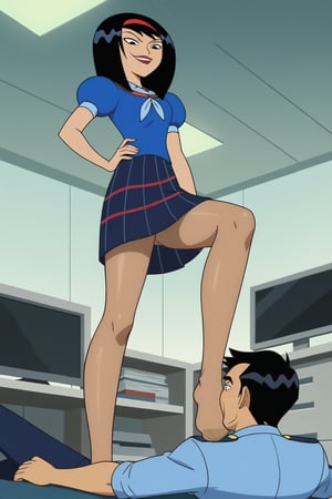 score_9, score_8_up, score_7_up,source_anime,xyorix, black hair, black eyes, ,(tan RealPantyhose),hairband,school uniform,supervillain, evil smug,looking down,hand on hip,standing on one leg,stinky foot,femdom,low-angle_shot,1boy,human,policeman,lying,on back,foot on face,foot smelling,inside office,official anime screenshot,official anime screencap,detailed