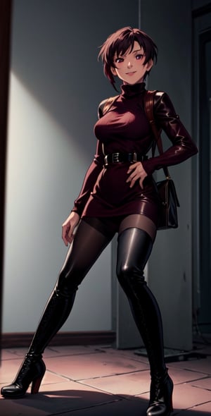 Thigh up, EPBlackLagoonStyle, Solo, Ada Wong with short hair, wearing a ((burgundy Turtleneck sweater dress)), (((black Pantyhose))), (((Long black leather thighhigh Boots))), (Holster, harness), smile, dark atmosphere, Horror themed, midnight, inside Police station