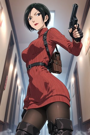 score_9,score_8_up,score_7_up,source_resident_evil_2,ada wong,solo, (burgundy_sweater,thigh boots,black pantyhose,holster,harness,black gloves,one handgun),smug,pointing handgun,presenting_foot,action, action_pose,inside,dark hallway,horror_themed,dark,night,fog,viewed_from_side,low-angle_shot,official anime screenshot,official anime screencap,source_anime