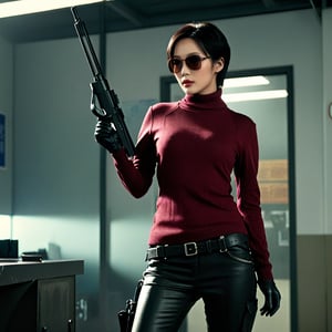 solo,1girl, li bingbing as ada wong with brown eyes, short hair, black hair, sunglasses,burgundy sweater, thigh boots, black pantyhose, holster, black gloves, skillfully handling a rifle. The scene unfolds in a police station, captured in a gritty, action-packed battle sequence. She is modeled with volumetric lighting, enhancing the drama of the scene. Render this image in 8K Extremely Realistic, focusing on achieving an extremely hyper-detailed and intricate composition that feels like an epic. The cinematic lighting should be emphasized to create a masterpiece effect. Ensure the image is in 8K resolution, Her face should be prominently framed, conveying intensity and focus. Choose an editorial medium body shot style of photography, maintaining an 8K RAW photo level quality, treated as a masterpiece. ensuring the render is extremely realistic and detailed, following the high standards of SDXL. Enhance the realism and detail of the hands (Perfect hands:1.2),M16 Rifle series,Extremely Realistic
