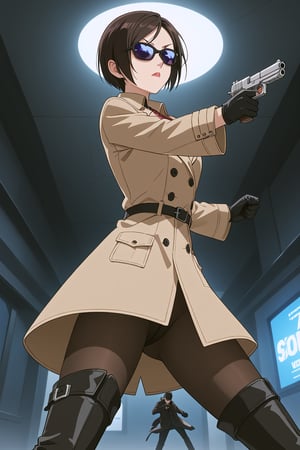 score_9,score_8_up,score_7_up,source_resident_evil_2,ada wong,solo, (brown trenchcoat,thigh boots,black pantyhose,black gloves,sunglasses,one handgun),serious,action shot,gunshot,dynamic_pose,action_pose,indoors,horror_themed,dark,night,dark atmosphere,spooky,viewed_from_side,low-angle_shot,official anime screenshot,official anime screencap,source_anime