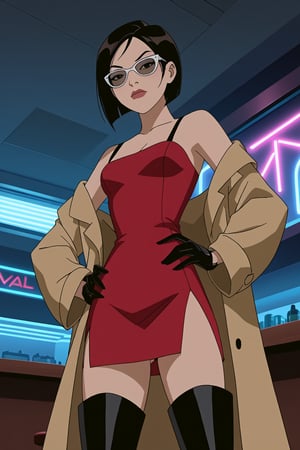 score_9,score_8_up,score_7_up,source_resident_evil_2,mulan as ada wong,solo, (brown trenchcoat,short shoulderfree red dress, thigh boots,black pantyhose,black gloves,sunglasses),serious,shows middle finger,hand on hip,indoors,cyberpunk,sci-fi,futuristic,night,neon lights,bar,low-angle_shot,official anime screenshot,official anime screencap,source_anime,dcaustyle