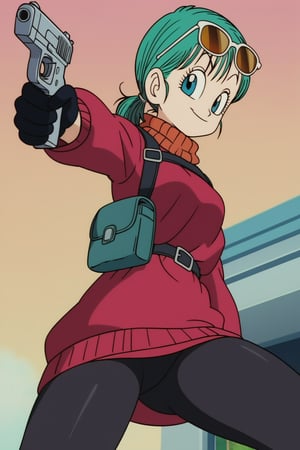 score_9,score_8_up,score_7_up,bulma as ada wong, black hair,solo, (burgundy sweater,thigh boots,black pantyhose,holster,harness,black gloves,sunglasses on head,handgun,aiming,smug,viewed_from_below,official anime screenshot,official anime screencap,source_anime,drgbls1