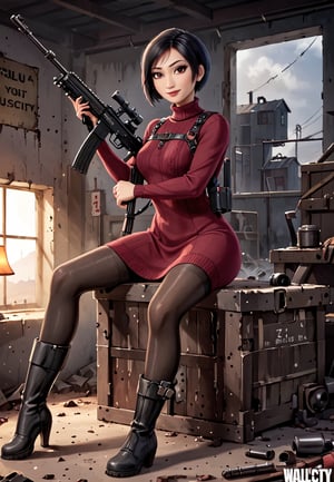 ((((Fallout_4_style)))), 24yo Ada Wong with BLACK asymmetrical blunt bobcut and (black eyeshadow), wearing (burgundy turtleneck sweater dress) with ((black_harness)), ((((black nylon pantyhose)))) under, (((long Black leather thighhigh boots))), she holds a (((Assault Rifle))), sitting in apocalyptic ((wastecity)), smirk, hypnosis gaze, nighttime, haze, perfect composition, epic, rtx on, UHD, 32K, photorealistic, ((natural realistic skin tone and texture)). Fallout_4_logo,disney pixar style