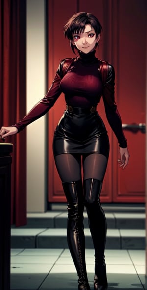 Thigh up, EPBlackLagoonStyle, Solo, Ada Wong with Asymmetrical short hair, wearing a ((burgundy Turtleneck sweater dress)), (((black Pantyhose))), (((Long black leather thighhigh Boots))), (Holster, harness), smile, dark atmosphere, Horror themed, midnight, inside Police station