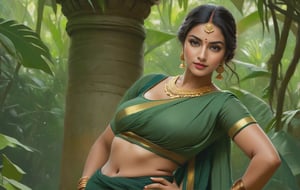 From below up, SFW, High res,(boobs grab), 45 degree angle, modelshoot style,(mallu aunty), (masterpiece:1), (best quality:1), (extremely detailed CG unity 8k wallpaper), full shot body photo of the most beautiful artwork in the world, (beautiful Indian curvy lonely wife:1.2), (Cheeky smile:1), ((dancing sexually:0.5)), (from_side:1.3), black round-neck cotton blouse, nipple pearcing, nipple ring, ((Slips her deep neutral greeen  cotton saree with gold accent)) to show cleavage, sensual cleavage, ((Smooth skin:0.5)), beautiful (small waist, wide hips:0.5), sweaty body, in hut sorounded by jungle, (detailed face:1), professional majestic digital painting by Ed Blinkey, Atey Ghailan, Studio Ghibli, by Jeremy Mann, Greg Manchess, Antonio Moro, trending on ArtStation, trending on CGSociety, Intricate, (High Detail), ((Sharp focus)), dramatic, ((photorealistic digital painting)) art by midjourney and greg rutkowski