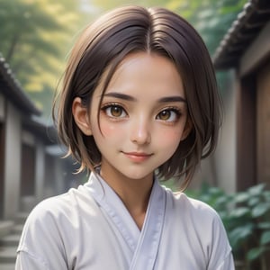 can you change woman to a buddhist nun with 
hair 
a little bit more smile 
change cloth clour to more brigheer clour 

,xxmix_girl,EpicArt,little_cute_girl