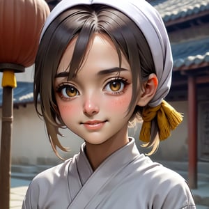 can you change woman to a buddhist nun with 
hair 
a little bit more smile 
change cloth clour to more brigheer clour 

,xxmix_girl,EpicArt,little_cute_girl