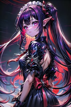 a woman with long hair and a red dress, two long pigtails, beautiful dark elf countess, carmilla, crimson - black color scheme, beautiful, dark red and black color palette, fairy cgs society, korean mmo, color scheme black-crimson, has elf ears and crimson red eyes, gothic maid anime girl, dark witch character, black and red color combination, dark purple hair.