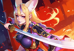 score_7_up, score_8_up, score_9, 1girl, blonde hair, long hair, (fennec ears, purple oni horns), red eyeshadow, purple eyes, purple lips, large breasts, japanese armor, holding katana,