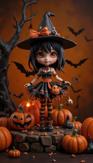 Seasonal figure diorama. It features Halloween-themed Wendy in a super-deformed style designed by YOKO TARO, a Halloween-themed background, and some scary lights., (Detailed Textures, high quality, high resolution, high Accuracy, realism, color correction, Proper lighting settings, harmonious composition, Behance works),VNS_Add more details,Resin