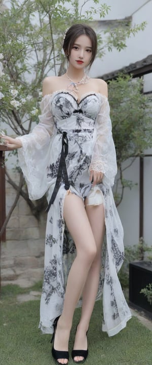 8k wallpaper, busty girl, night out, off-shoulder gauze Hanfu, robe, bikini, silk garter, whole body, high heels, courtyard, branches, flowers, grass, (black and white ink painting: 2.0), more details XL