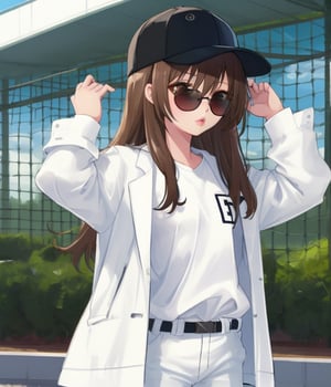 1girl, solo, long hair, brown hair, shirt, hat, white shirt, pants, chibi, lips, coat, black headwear, sunglasses, baseball cap, hand in pocket