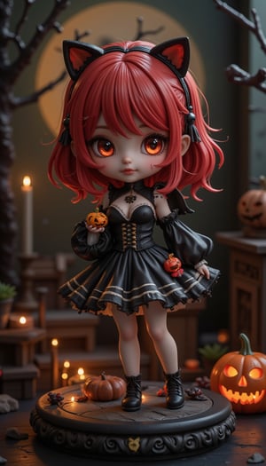 Seasonal figure diorama. It features Halloween-themed Wendy in a super-deformed style designed by YOKO TARO, a Halloween-themed background, and some scary lights., (Detailed Textures, high quality, high resolution, high Accuracy, realism, color correction, Proper lighting settings, harmonious composition, Behance works),VNS_Add more details,Resin